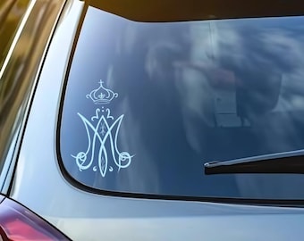 Pegatina de vinilo con monograma mariano / Calcomanía católica para portátil, coche, Biblia / Calcomanía original impermeable dibujada a mano