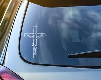 Minimalistischer Kruzifix-Autoaufkleber - handgemachtes ursprüngliches Design, modernes katholisches Vinylaufkleber, christliches Autozubehör, religiöser Glaube Geschenk