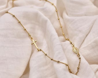 18K guld- eller silverhalsband med katolsk mirakulös medalj | Italienskt korshalsband | Marianhalsband i guld eller silver | Katolsk gåva till henne