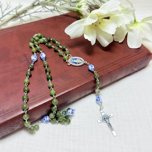 Handmade Catholic Rosary: Jade & Floral Porcelain Beads, Silver Crucifix