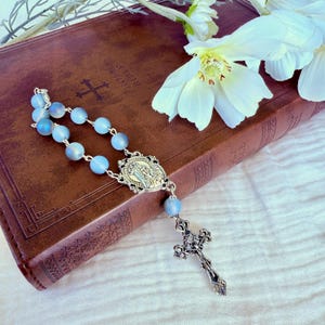 Blue Glass Bead Car Rosary: Silver Crucifix, Catholic Gift
