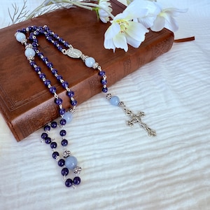 Handmade Catholic Rosary: Aquamarine Jade Beads, Silver Crucifix