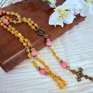 Handmade Catholic Rosary: Pink Quartz & Yellow Glass Beads with Gold Crucifix
