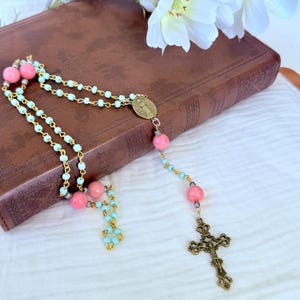 Handmade Catholic Rosary: Rose Quartz & Teal Glass Beads, Gold Crucifix