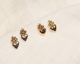 Sacred Heart of Jesus Silver Stud Earrings | Corazon Sagrado | Minimalist Catholic Earrings | Sterling Silver Sacred Heart Earrings