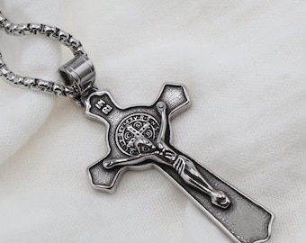Stainless Steel St. Benedict Crucifix Necklace | Large Men's Crucifix | Mens Catholic Necklace | Crucifix Necklace Gift | Catholic Gift Idea