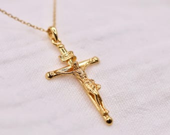 Gold & Sterling Silver Crucifix Necklace | 18K Gold Catholic Necklace | Simple Dainty Crucifix | Confirmation Gift for Her