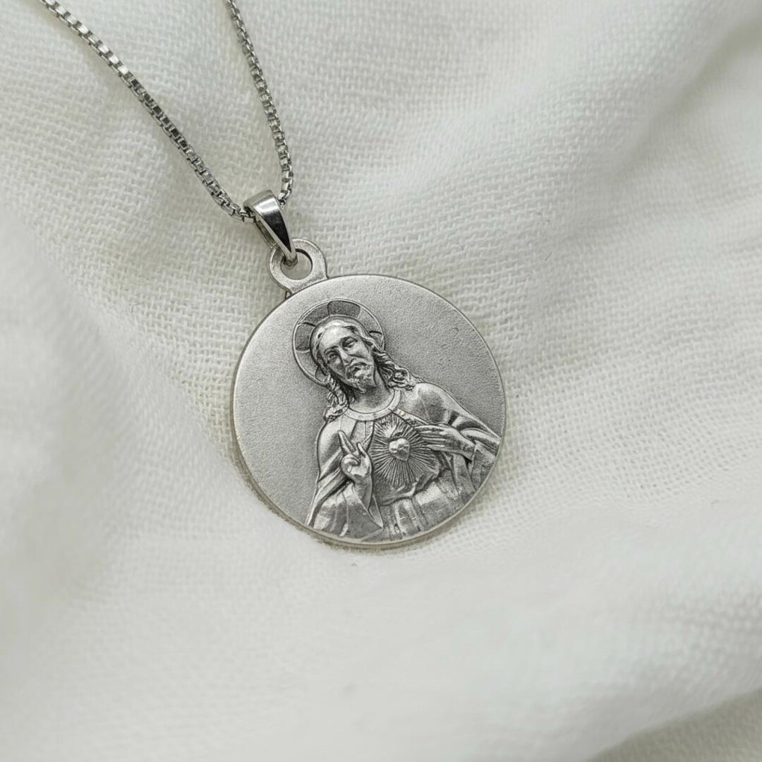 Sterling Silver Sacred Heart of Jesus Medal Pendant | Catholic Jesus ...