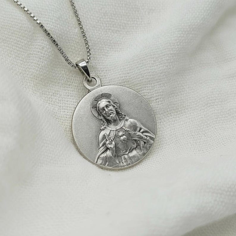Sterling Silver Sacred Heart of Jesus Medal Pendant | Catholic Jesus ...