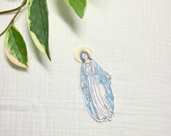 Pegatina de la Virgen María dibujada a mano: Calcomanía o imán católico impermeable