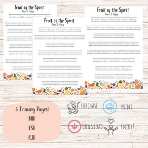 May include: Three printable tracing pages for kids to practice writing the fruit of the spirit. The pages feature a colorful border of fruit and the text "Fruit of the Spirit Trace & Copy".