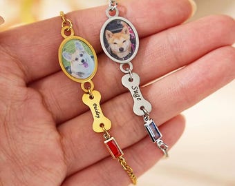 Personalized Pet Photo Bracelet, Custom Name Engraving, Birthstone Charm, Memorial Gift