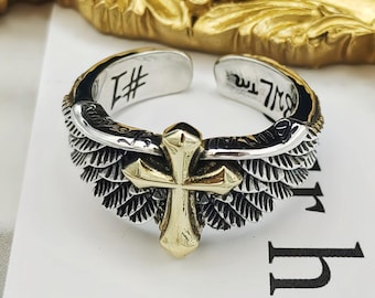 Personalized Angel Wing Cross Ring, Gothic Christian Copper Ring