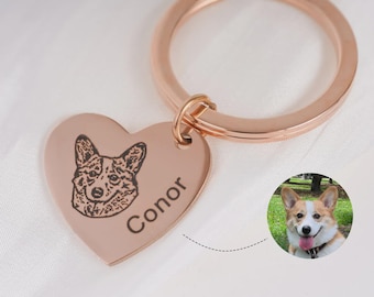 Custom Pet Portrait - Personalized Dog Cat Photo Heart Keychain - Engraved Pet Memorial Gift