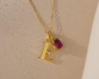 Personalized Initial Birthstone Necklace, Gold Letter Jewelry