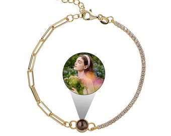 Personalized Photo Projection Bracelet: Gold Paperclip Link, Half Tennis Design