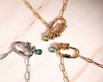 Birthstone Name Necklace for Wife, Women Name Plate Jewelry, Friends Gift, Personalized Paperclip Chain