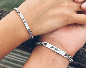 Engraved Couple Bracelets, Matching Stainless Steel Partner Set