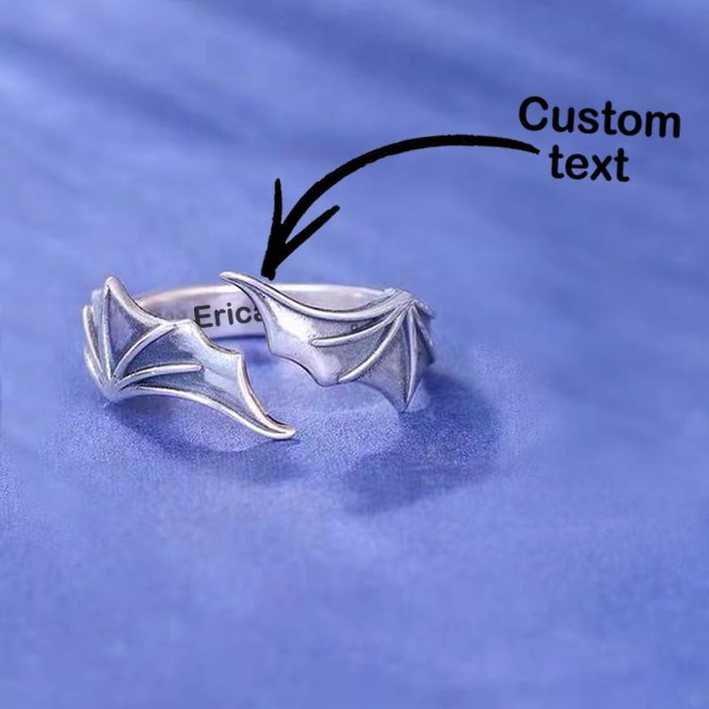 Vintage Bat Wing Ring, Gothic Angel Devil Ring, Custom Engraving image 7