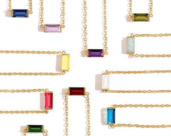 Gold Bar Gemstone Necklace, Colorful Rectangle Pendant, Dainty Minimalist Jewelry