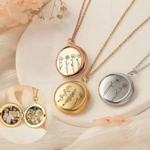 Photo Flower locket, Picture Necklace, Engraved Locket, Gold photo locket, Anniversary Gift, Gift for wife, memorial gift, Bouquet necklace