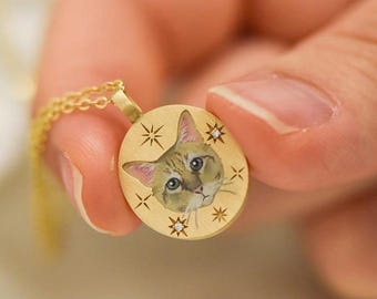 Custom Pet Portrait Necklace, Birthstone Memorial, Engraved Photo Pendant