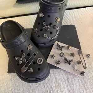 Gothic Black Crystal Shoe Charms Set – Chain, Butterfly, Star Punk Shoe Accessories