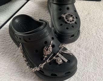 Punk Chain Shoe Charm with Camera, Quote Tag & Skeleton Hand - Silver Metal Accessory
