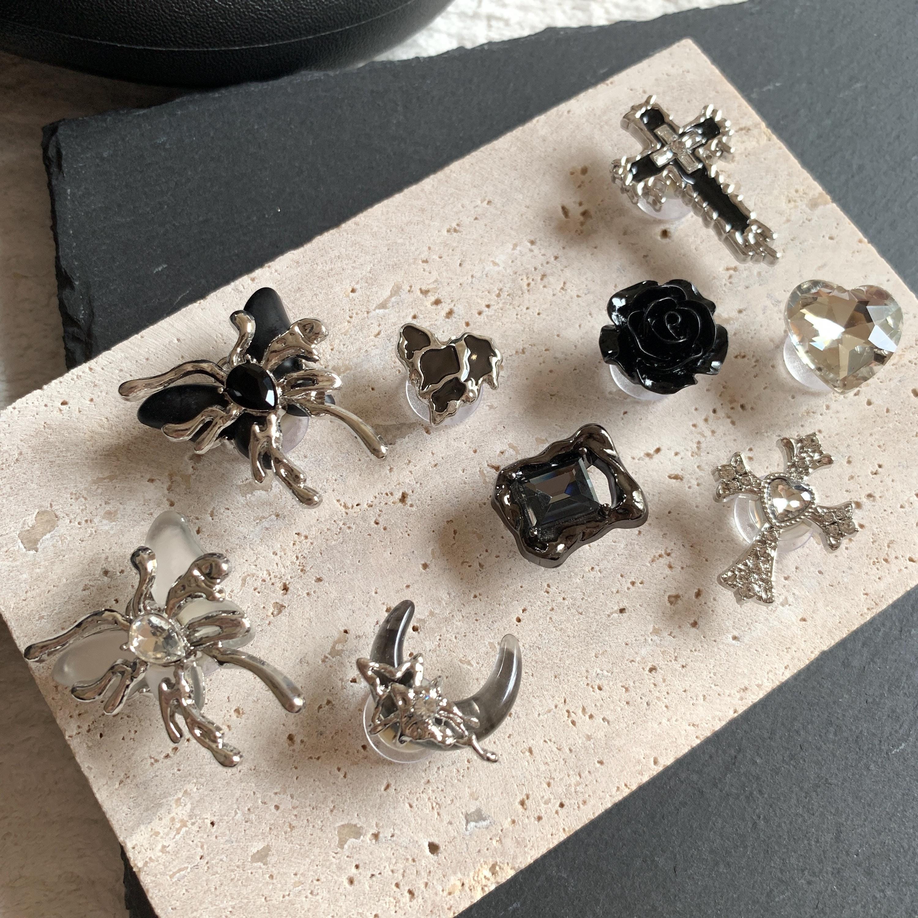 Gothic Black Silver Shoe Charms Set - 9pcs Dark Fairycore Shoe