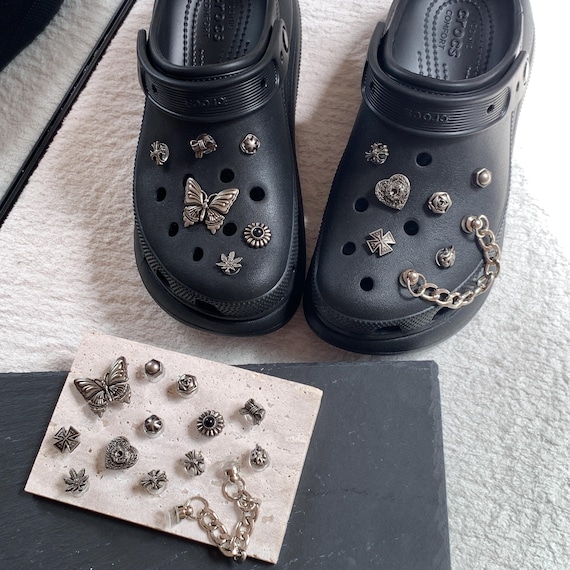 Black Clogs with Silver Cross Accent CROCS Classic Bae Silver Gold Sequin Platform Clog Sz 9  main image 4