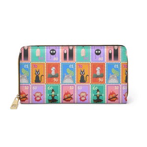 Carteira com zíper, impressão de selo postal do Studio Ghibli, presente para fãs de anime, porta-moedas, bolsa para carteira, porta-cartões, carteira com zíper fofa