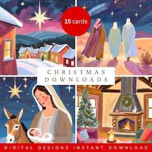 Set di 15 biglietti di Natale - Download digitali stampabili - Biglietti di Natale cristiani - Download di biglietti di auguri