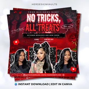 May include: A Halloween-themed promotional flyer with a red and black color scheme. The text "NO TRICKS, ALL TREATS" is prominently displayed. The flyer includes images of three women and social media icons. The text "OCTOBER BOOKINGS ARE NOW OPEN!" is also visible.