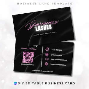 May include: Black and pink business card template for a lash technician. The card features a black background with a pink satin texture and the text "Jasmine Lashes" in a pink script font. The card also includes the text "Luxury Lash Technician" and contact information, including a phone number, email address, website address, and a QR code for booking.