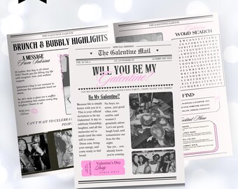 Editable Galentines Newspaper Template, Canva Invitation (Digital Download)