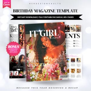 以下が含まれることがあります： 「BIRTHDAY MAGAZINE TEMPLATE」と「IT GIRL MAGAZINE」のテキストが入った雑誌テンプレート。表紙には花とろうそくを持った女性が描かれています。追加ページとボーナス新聞テンプレートが含まれています。テンプレートはCanvaで完全に編集可能です。