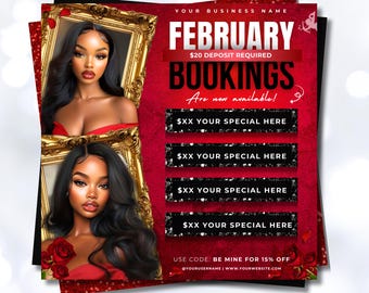 February Booking Flyer, Valentines Day Booking Flyer, February Bookings, Nail Hair Braids Lash Makeup Wig Install, Instagram Booking Flyer