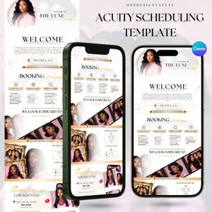 Könnte beinhalten: Ein rosa-goldenes Handy-Display zeigt eine Website für die Buchung von Friseurterminen. Die Website enthält eine Willkommensnachricht, Buchungsrichtlinien, Geschäftszeiten und Kontaktinformationen. Die Website enthält auch eine Dankesnachricht für die Buchung und ermutigt Kunden, das Unternehmen in ihren Selfies zu taggen.