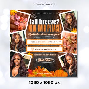 May include: An advertisement for hair services with the text "fall breeze? NEW HAIR PLEASE!" and "September books now open!" The image includes photos of a woman with long, wavy hair and detailed nail art. The ad also includes a discount code.