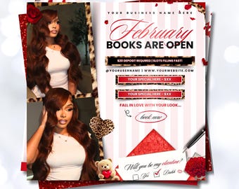 Valentine Booking Flyer Template | February Books Open | February Booking Flyer | Hair Makeup Lashes Braids (Canva Template)