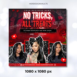 May include: A Halloween-themed promotional graphic with a red and black background. The text "NO TRICKS, ALL TREATS" is prominently displayed. The graphic includes images of women, a rose, and a spiderweb. The text "OCTOBER BOOKINGS ARE NOW OPEN!" is also visible.