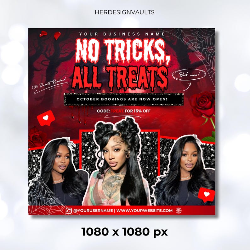 May include: A Halloween-themed promotional graphic with a red and black background. The text "NO TRICKS, ALL TREATS" is prominently displayed. The graphic includes images of women, a rose, and a spiderweb. The text "OCTOBER BOOKINGS ARE NOW OPEN!" is also visible.