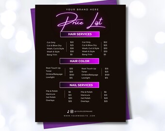 Beauty Salon Price List Template, Hair Nail Lash Services (Editable Canva)