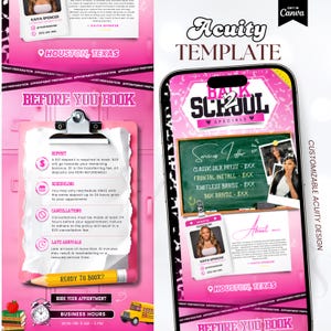 May include: A pink Acuity template for hairstylists featuring a clipboard with appointment policies, a pencil, a school bus, and a smartphone displaying a Back 2 School specials menu with service prices, a stylist ID card, and business hours.