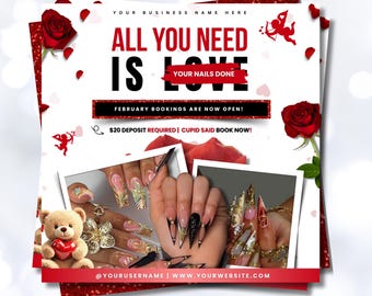 Valentine Booking Flyer Template | February Books Open | February Booking Flyer | Hair Makeup Lashes Braids (Canva Template)