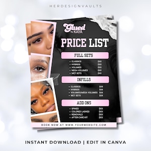 May include: A price list for eyelash extensions, featuring the text "Glued by Kaya." The design includes a black background with pink accents and images of eyes with lash extensions. Categories include Full Sets, Infills, and Add Ons.