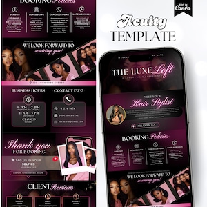 Könnte beinhalten: Ein rosa-schwarzes Handy-Bildschirm-Mockup mit einem Website-Design für einen Friseursalon namens "The Luxe Loft". Die Website zeigt ein Foto einer Frau mit langen schwarzen Haaren, die Geschäftszeiten des Salons, Kontaktinformationen und Buchungsrichtlinien. Der Text "Meet Your Hair Stylist" wird in einem rosa Kasten angezeigt.