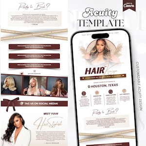 May include: A digital marketing template for a hair stylist, featuring a phone mockup with the text "Hair by Kaiya." The design includes sections for booking, social media, and stylist information. The color scheme is brown and white.