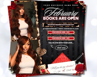 Valentine Booking Flyer Template | February Books Open | February Booking Flyer | Hair Makeup Lashes Braids (Canva Template)