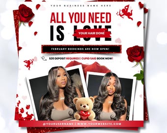 Valentine Booking Flyer Template | February Books Open | February Booking Flyer | Hair Makeup Lashes Braids (Canva Template)